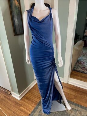 Mijo Michelle Jonas Asymmetrical Bodycon Cowl Neck Ruched Maxi Gown Dress [TE]